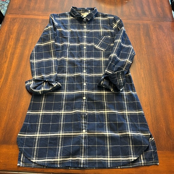 Garnet Hill NWOT Long Sleeve Navy Blue Plaid Flannel Button Down Dress - Picture 2 of 11